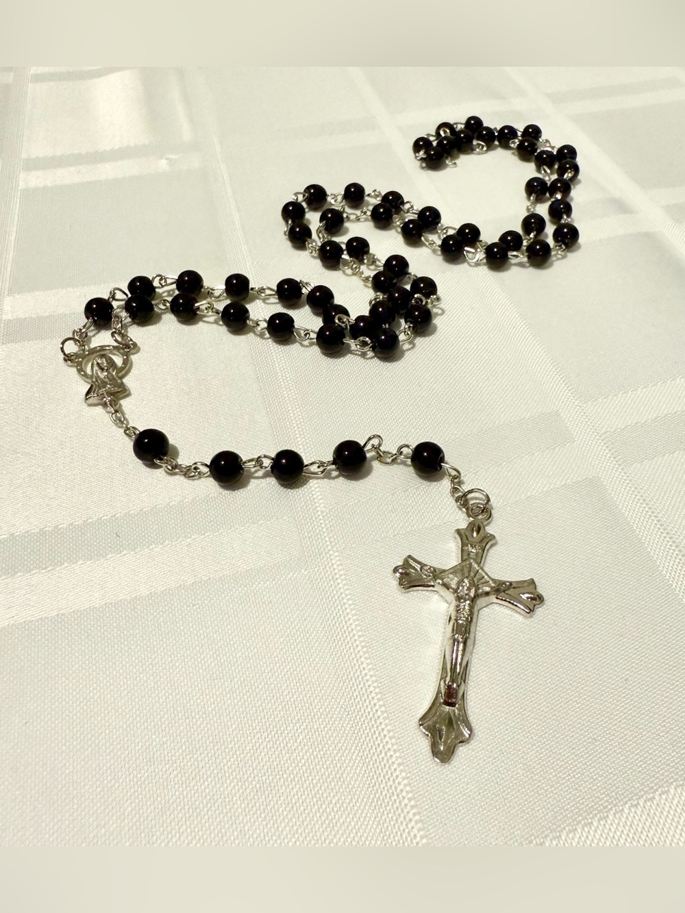 Black Pressed Glass Bead Prayer Rosary with Silver Crucifix